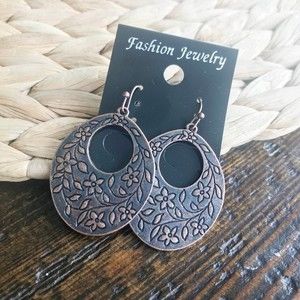Handmade Oval Bronze Patina Floral Embossed Dangle Earrings NEW! 1095